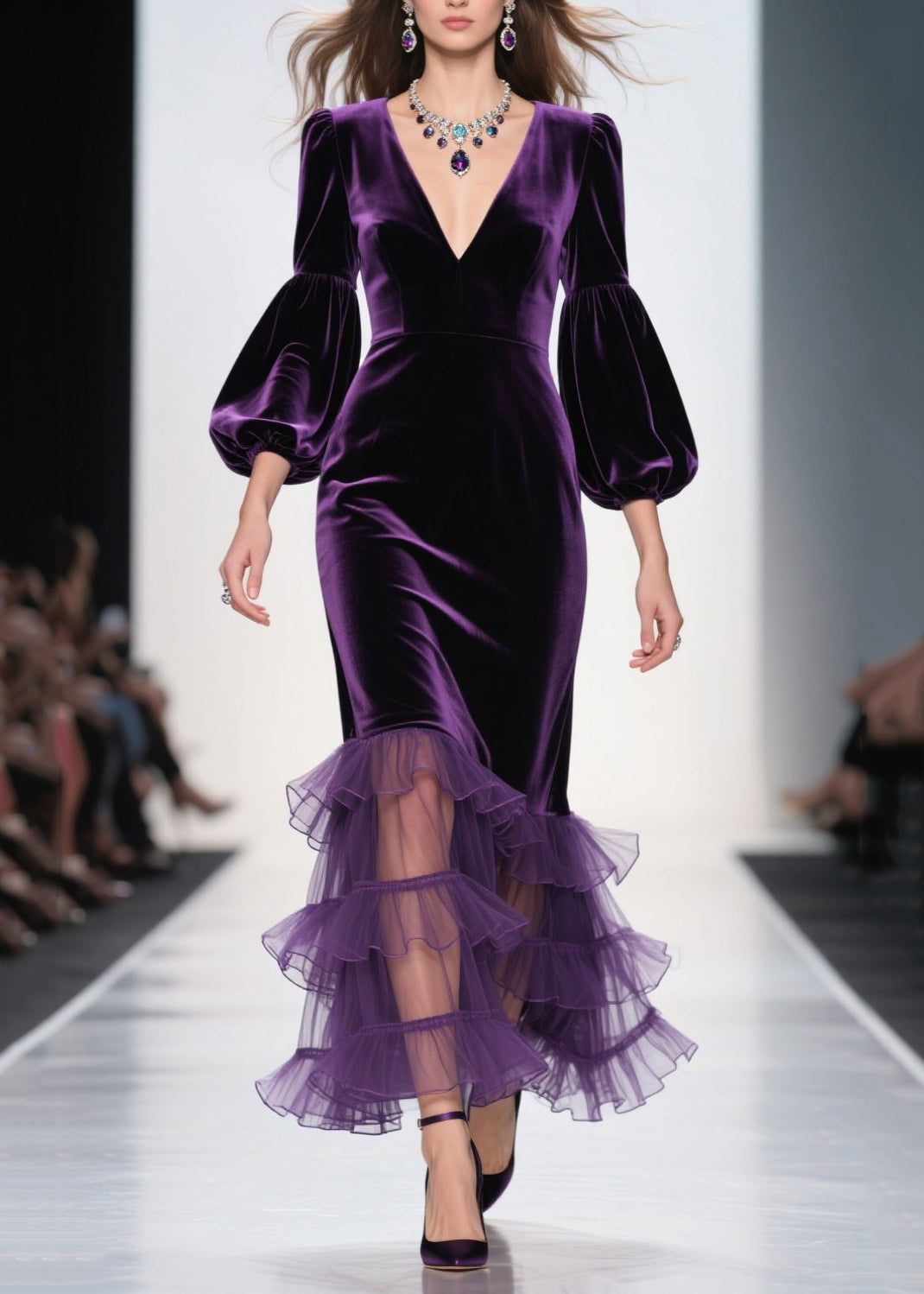 Purple V Neck Ruffled Patchwork Velvet Maxi Dresses Fall