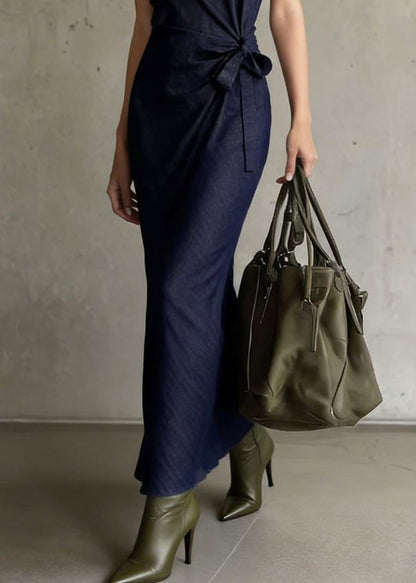 Navy Asymmetrical Design Denim Long Dresses Sleeveless