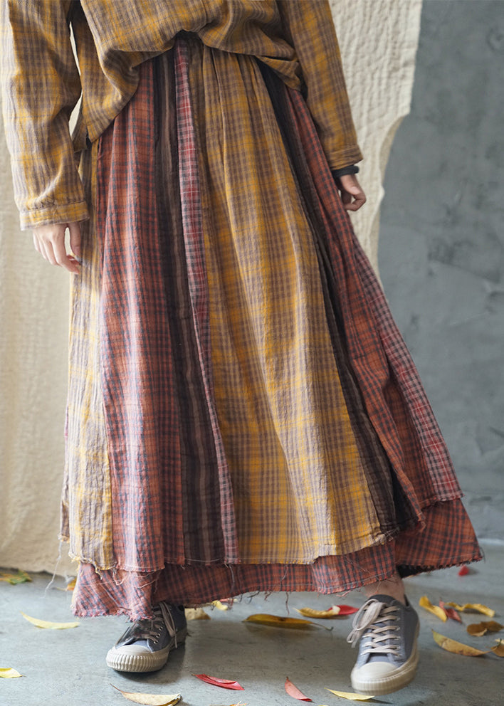 Handmade Colorblock Elastic Waist Plaid Patchwork Cotton Skirt Spring