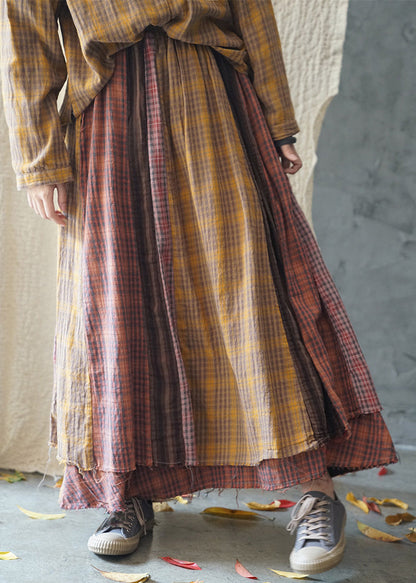Handmade Colorblock Elastic Waist Plaid Patchwork Cotton Skirt Spring