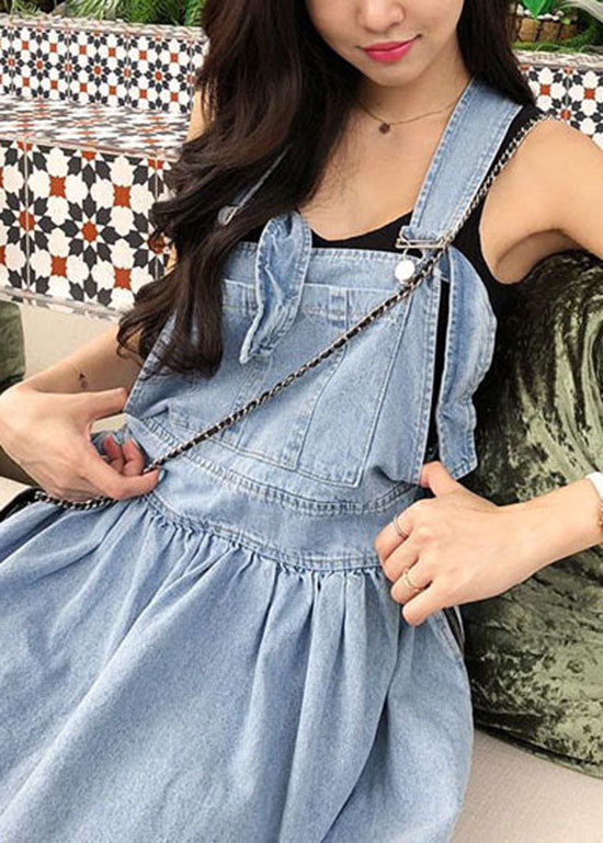 French Blue Wrinkled Patchwork Denim Long Dress Sleeveless Summer
