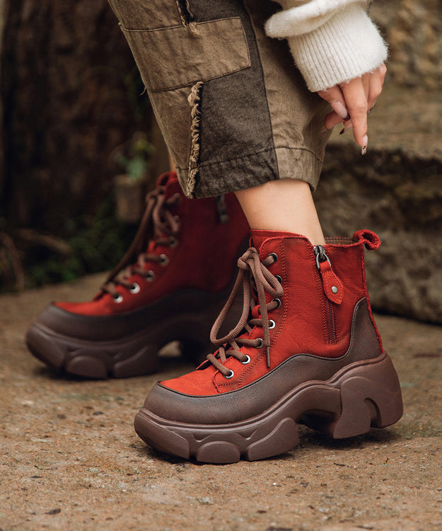 Lace Up Splicing Platform Boots Red Cowhide Leather
