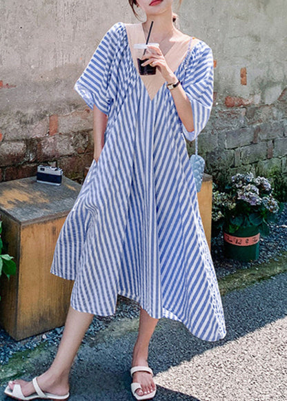 Blue Striped Pockets Patchwork Cotton Long Dress V Neck Summer