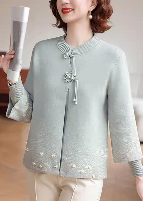 Blue Stand Collar Cotton Knit Coats Three Quarter Sleeve