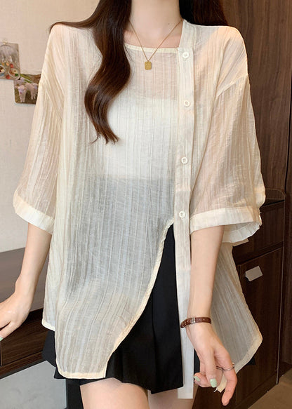 Apricot Square Collar Button Chiffon Shirt Bracelet Sleeve