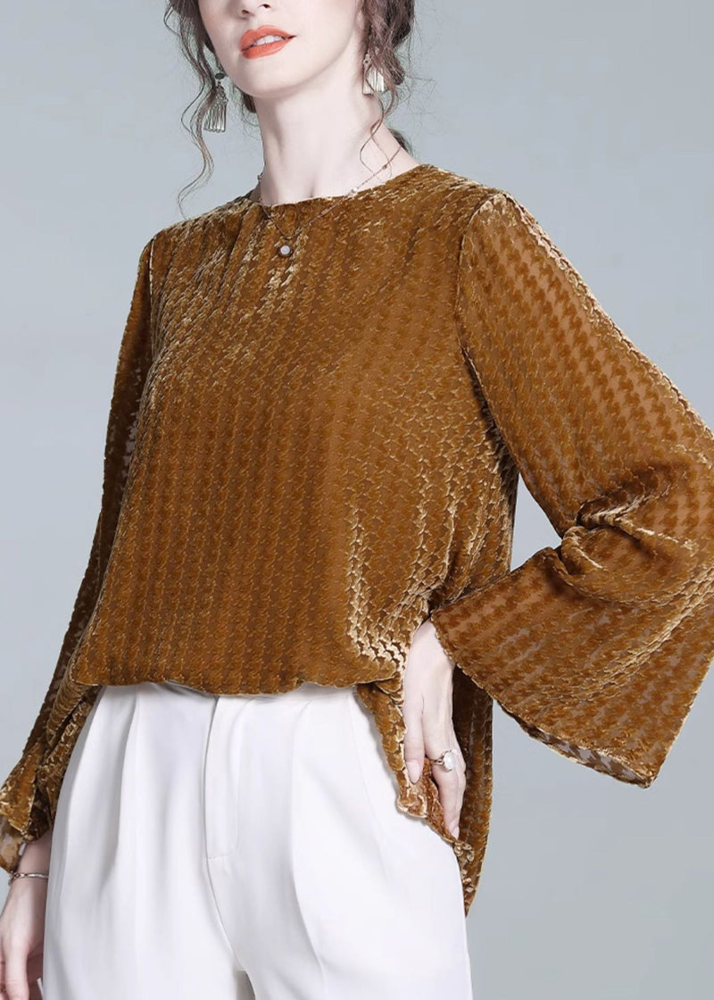 Yellow O Neck Silk Velour T Shirts Flare Sleeve