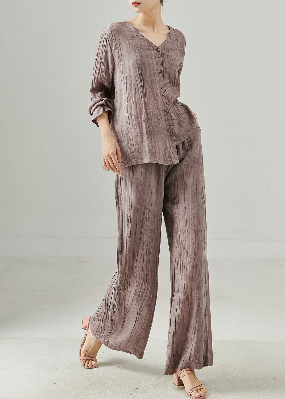 Purple Asymmetrical Wrinkled Linen Two Pieces Set Summer