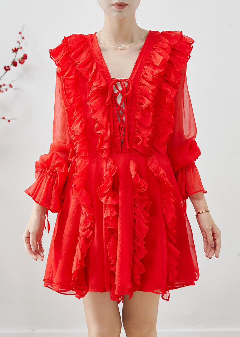Red Ruffles Chiffon Mini Dresses Fall
