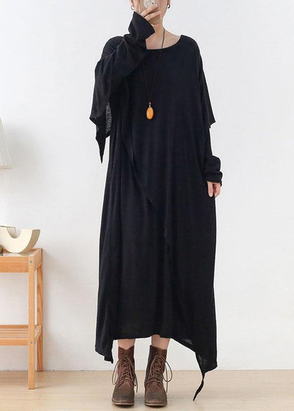 Diy Black Loose Asymmetrical Design Fall Cotton Long Sleeve Dresses