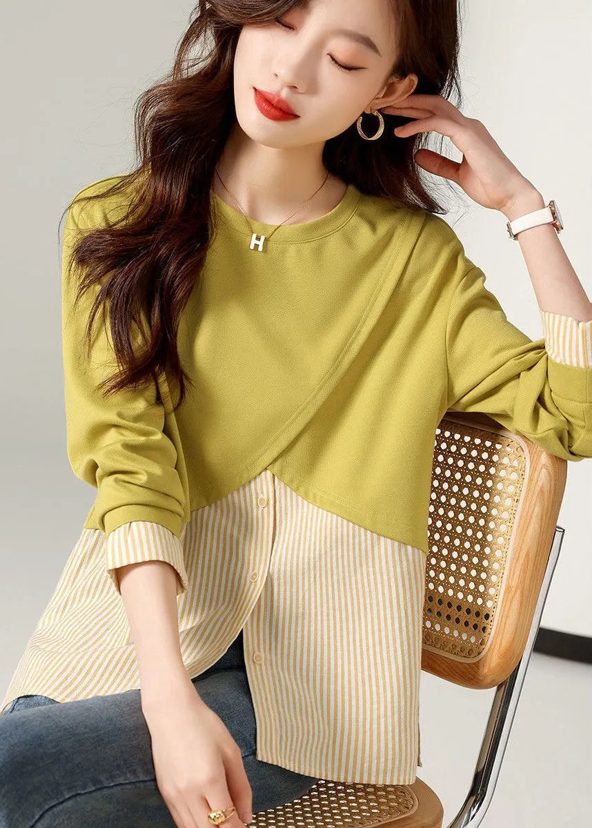 Loose Yellow O-neck Striped Patchwork T Shirts Long Sleeve
