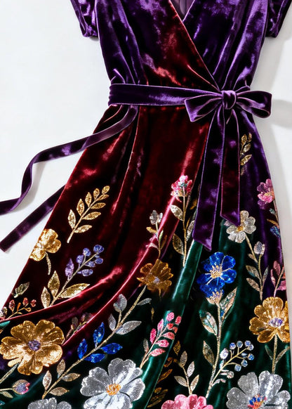 Purple V Neck Print Tie Waist Silk Velvet Dress Summer