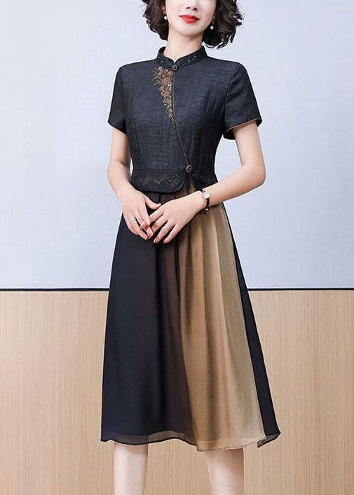 Black Stand Collar Patchwork Embroideried Silk Dress Summer