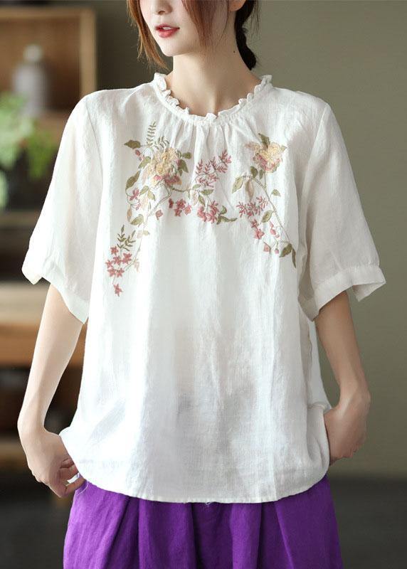 Navy Ruffled Embroideried Summer Linen Shirt