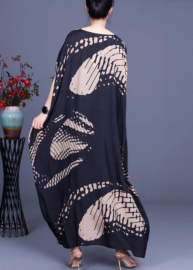 Loose Black Print O-neck Batwing Sleeve Silk Dresses Summer