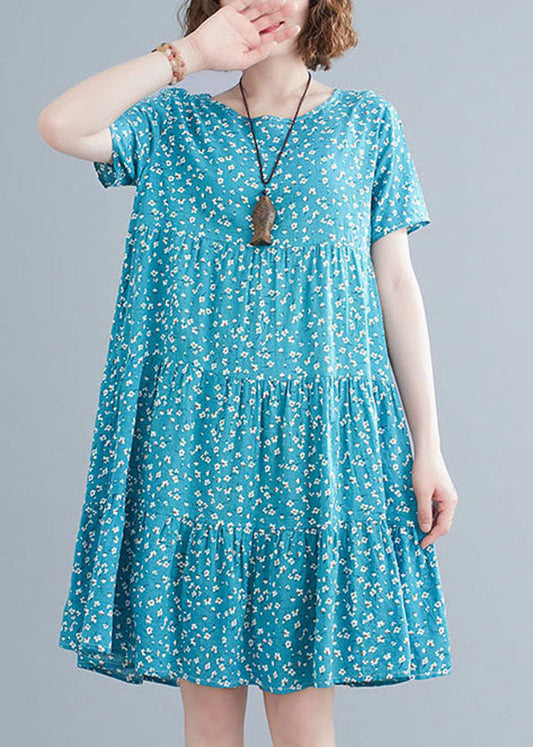 Italian Blue O-neck Print Cotton Holiday Dress Short Sleeve