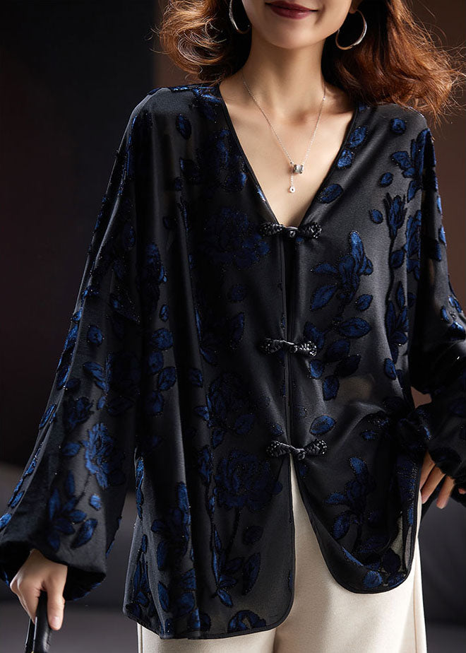 Black V Neck Embroideried Velour Shirt Fall