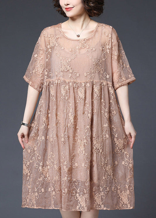 Style Pink O-neck Embroidery Wrinkled Lace Dress Two Piece Set Short Sleeve