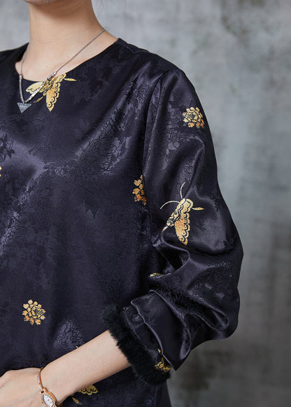 Black Jacquard Butterfly Silk Shirts Spring