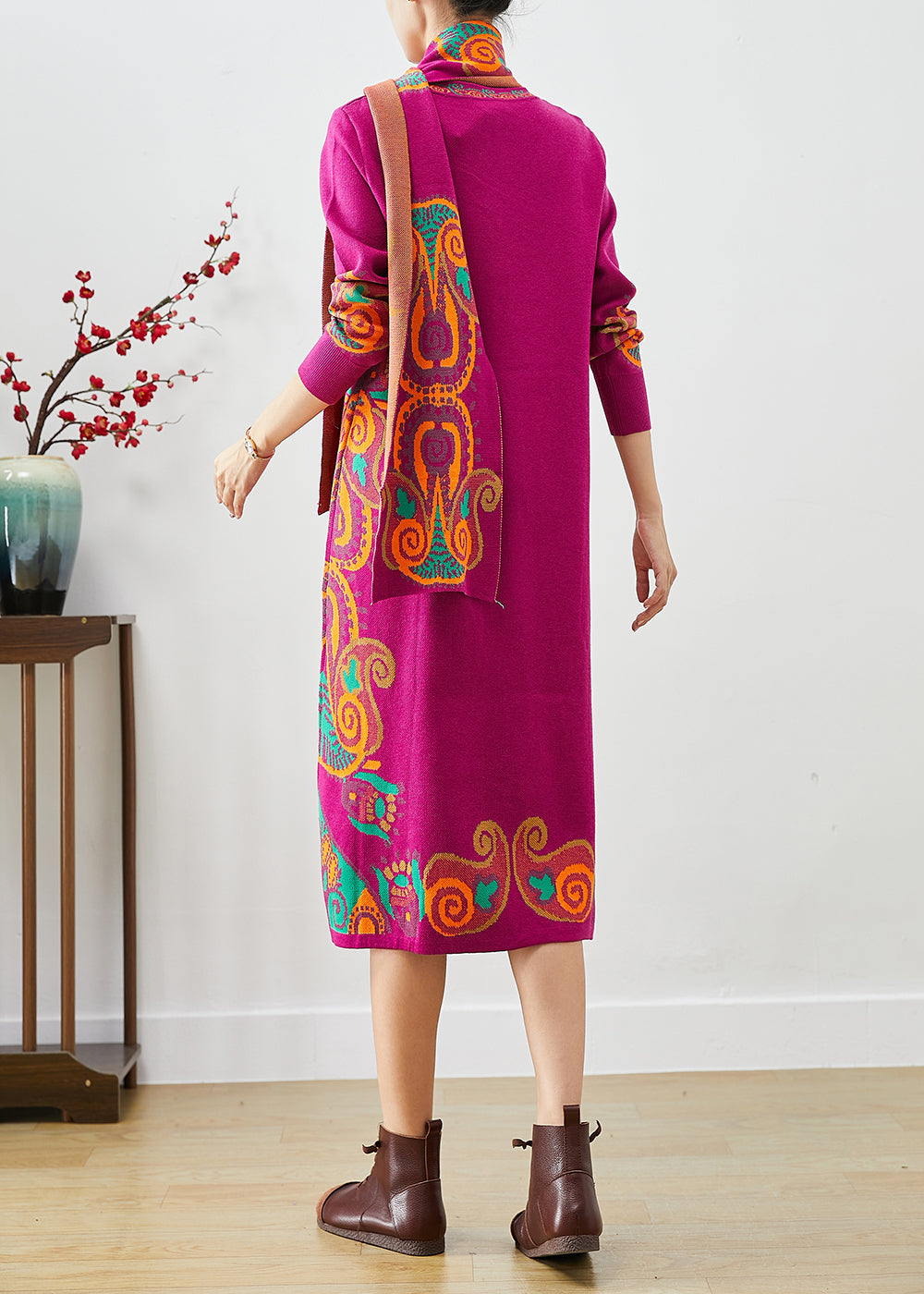 Rose Print Complimentary Scarf Knit Dress Fall