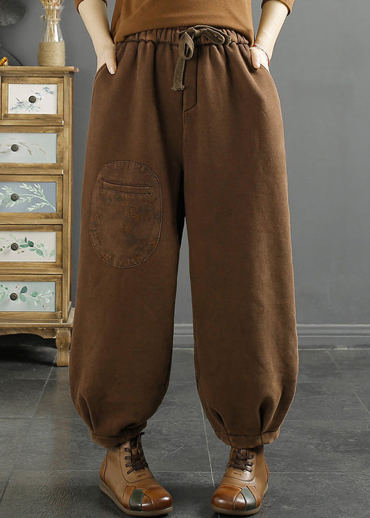 Coffee Pockets Elastic Waist Thick Warm Fleece Pants Winter