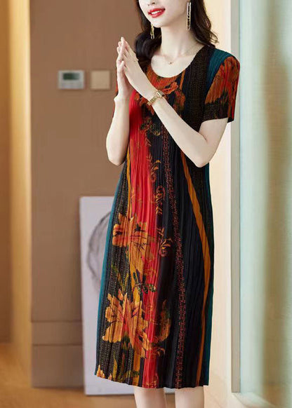 Unique Black Green O-neck Print Silk Vacation Dresses Short Sleeve