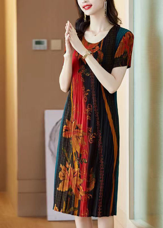 Unique Black Green O-neck Print Silk Vacation Dresses Short Sleeve