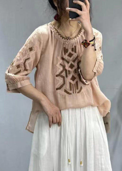 New Yellow O-neck Embroideried Patchwork Cotton T Shirt Half Sleeve
