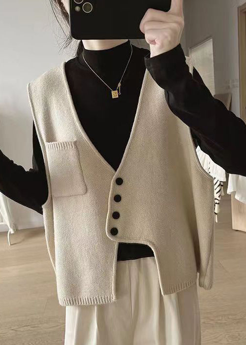 New Apricot Asymmetrical Button Patchwork Cotton Knit Waistcoat Sleeveless