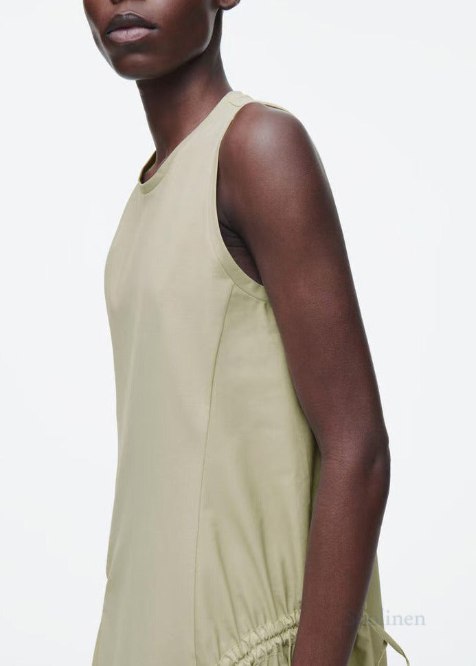 Light Green Wrinkled Drawstring Cotton Vacation Dresses Sleeveless
