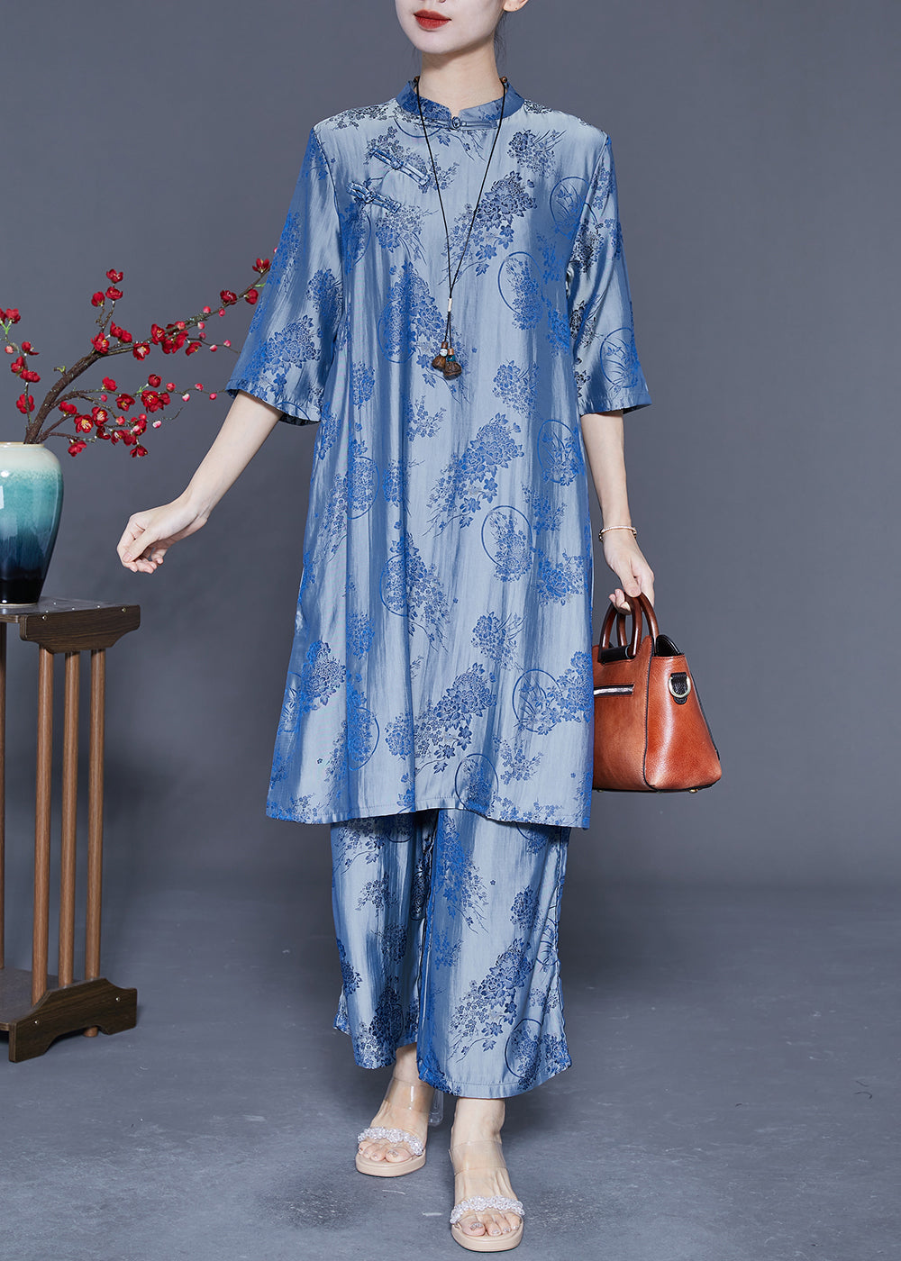 Blue Chinese Style Silk Two Pieces Set Chinese Button Half Sleeve