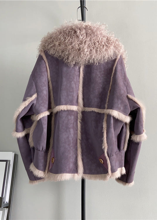 French Purple Wool Collar Patchwork Leather and Fur Jacket Winter