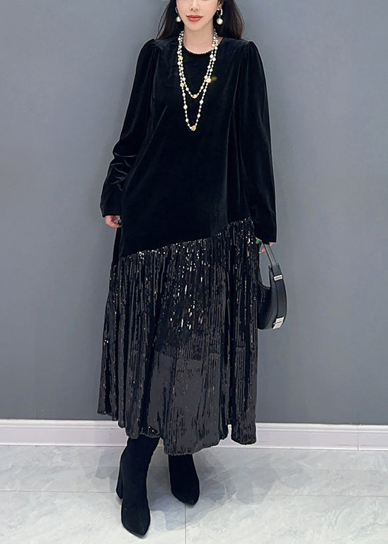 Black Wrinkled Patchwork Silk Velour Dresses O Neck Spring
