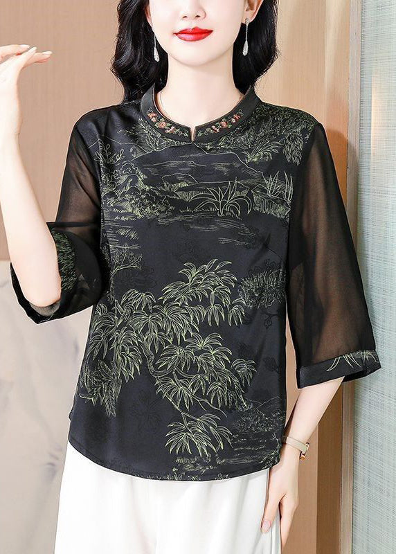 Green Stand Collar Print Silk Top Half Sleeve