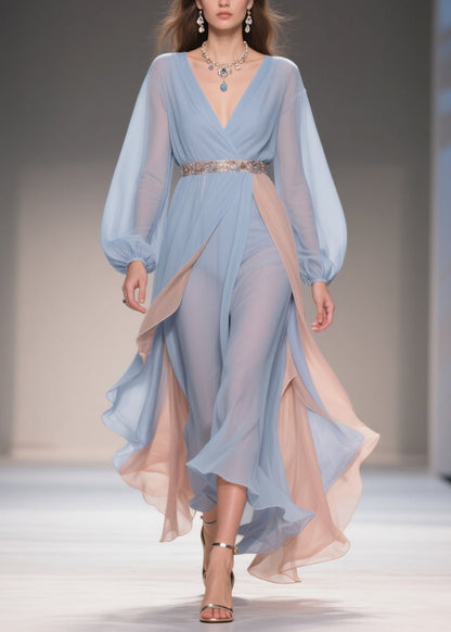Blue Asymmetrical High Waist Patchwork Chiffon Party Dress