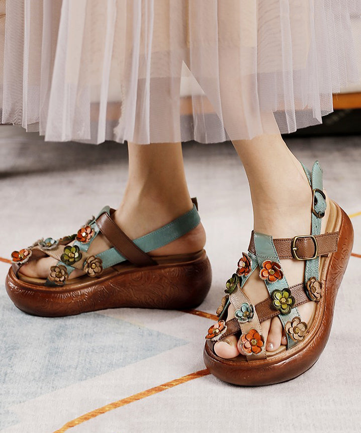Retro Hollow Out Platform Sandals Yellow Cowhide Leather