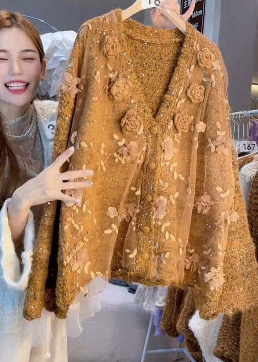Caramel Oversized Decorated Knit Cardigan Winter