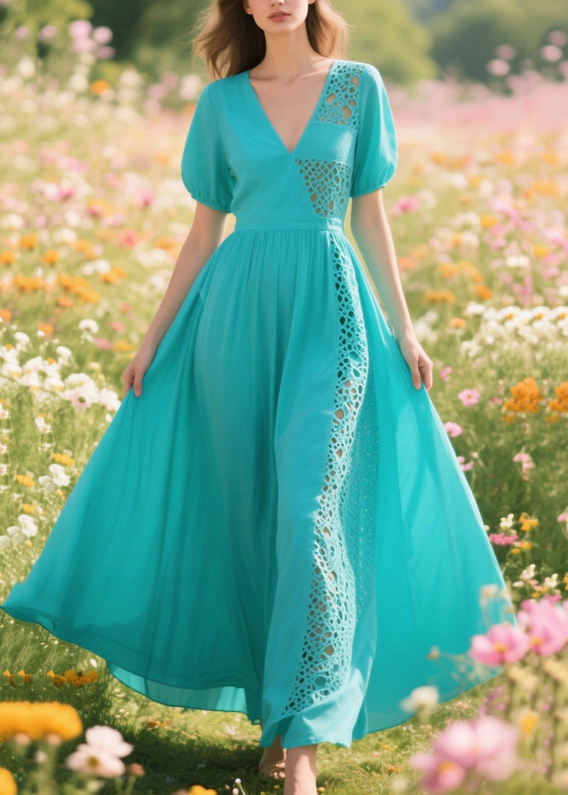 Blue Hollow Out Patchwork Cotton Long Dresses Summer