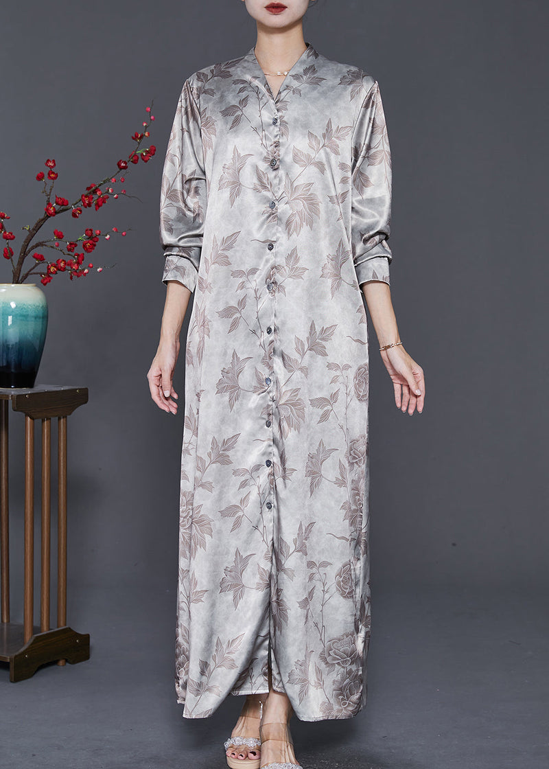 Apricot V Neck Print Silk Maxi Dresses Spring