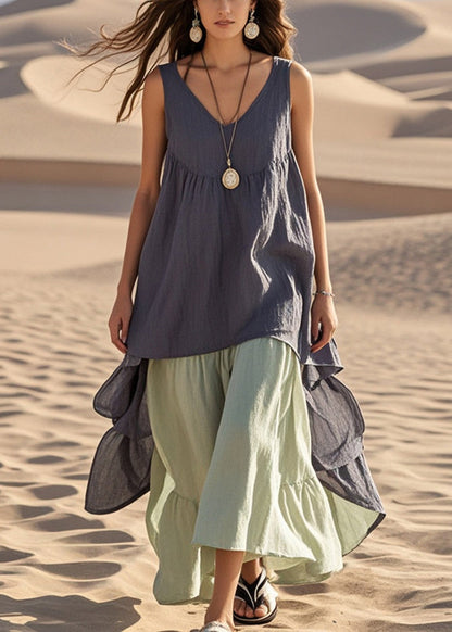 Grey Oversized Patchwork Cotton Fake Two Piece Dress Summer