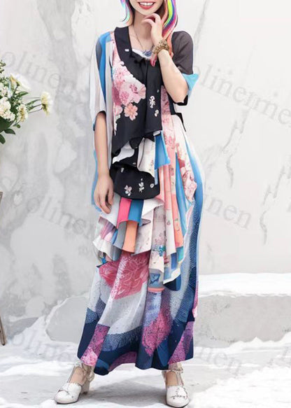 Rainbow Asymmetrical Print Silk Long Dresses Summer