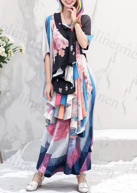 Rainbow Asymmetrical Print Silk Long Dresses Summer