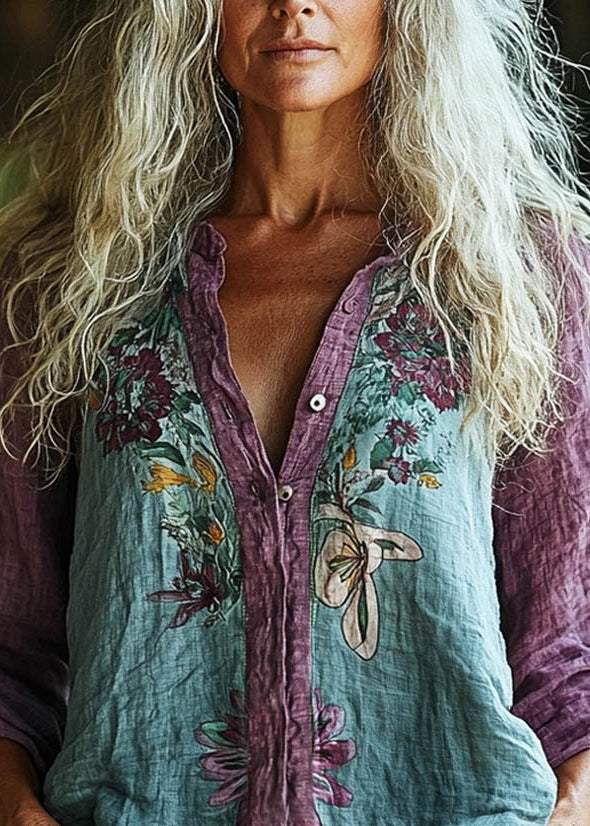 Loose Purple O-neck Print Button Cotton Shirt Spring