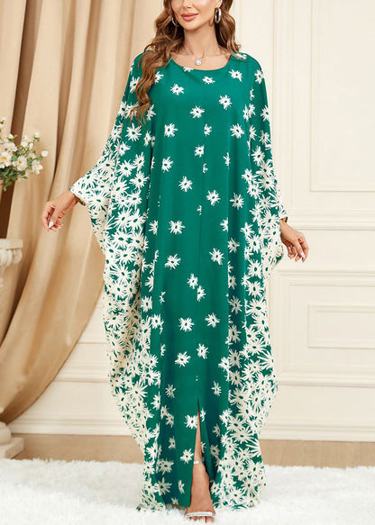 Green Print Side Open Cotton Long Dress Batwing Sleeve