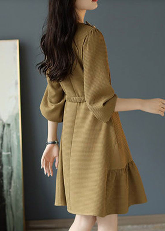 Khaki O Neck Sashes Cotton Mid Dress Long Sleeve