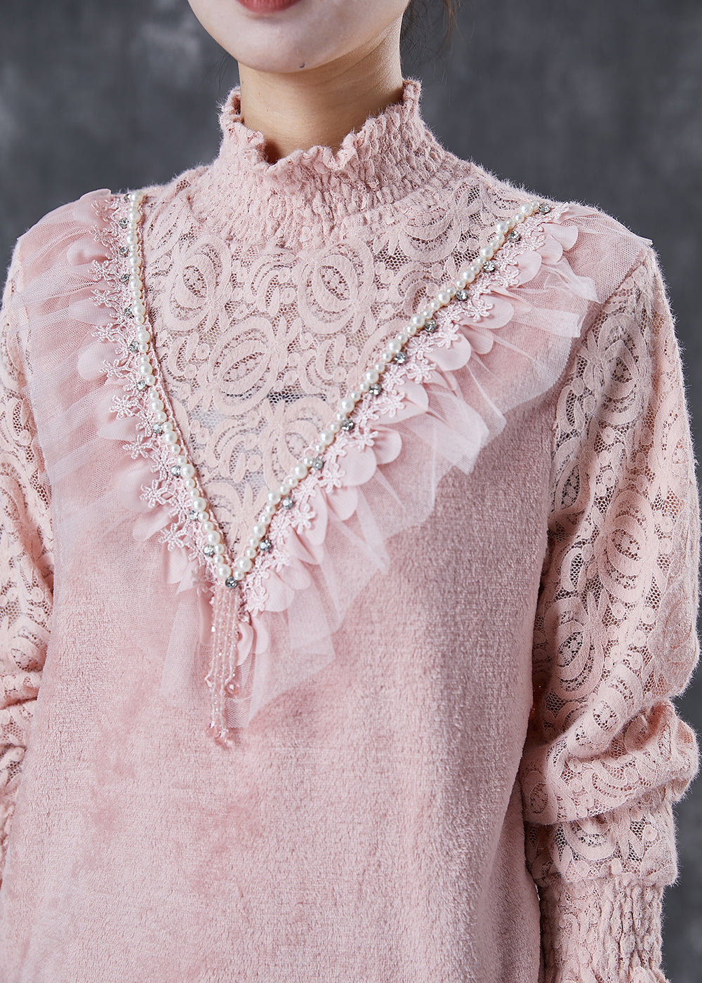 Pink High Neck Patchwork Lace Velour Shirts Winter