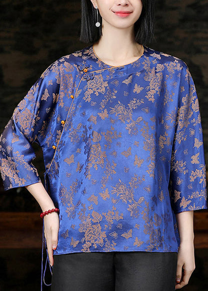Jacquard Blue O-neck Button Tie Waist Silk Shirts Half Sleeve