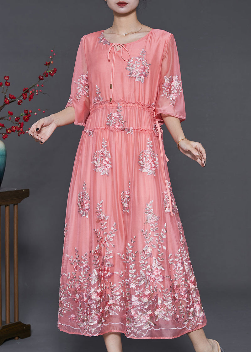 Pink Embroidered Silk Cinched Dress Summer