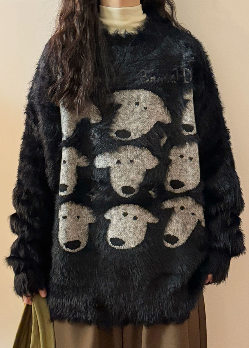 Black O Neck Dog Head Cozy Mink Velvet Sweater Spring