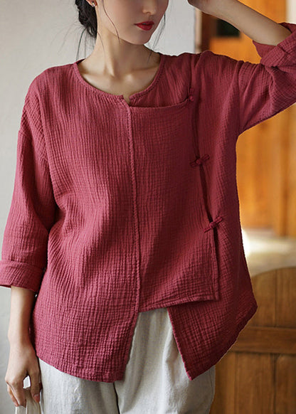Rust Asymmetrical Button Patchwork Cotton Shirts Fall