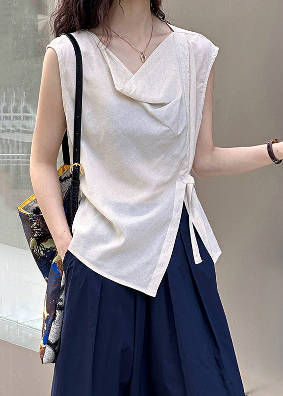 Beige Cotton Blouse Tops Turtle Neck Sleeveless